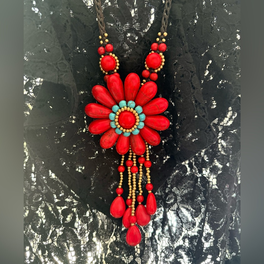 Red and Turquoise Floral Necklace